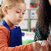 Classroom, teacher and kids with painting for education, creativity and ...