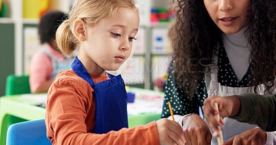 Buy stock photo Classroom, teacher and kids with painting for education, creativity and skills development in school. Hands, educator and children as students for brushes, learning or growth for girl in kindergarten