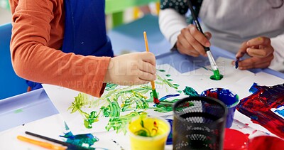 Buy stock photo Education, hands and children with painting for kindergarten, creativity or skills development. Closeup, drawing and kids as students for artwork project, learning or motor growth with brush in class