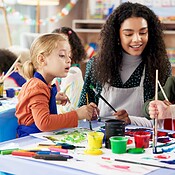 Education, kids and painting with teacher for creative talent, art and ...