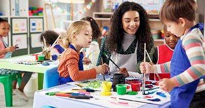 Buy stock photo Education, kids and painting with teacher for creative talent, art and development in kindergarten. Learning, students drawing and teaching happy children in class for lesson with brush for color