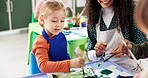 Education, girl and teacher with painting for kindergarten, creativity or skills development. Classroom, drawing or child as student for artwork project, learning or motor growth with brush in school