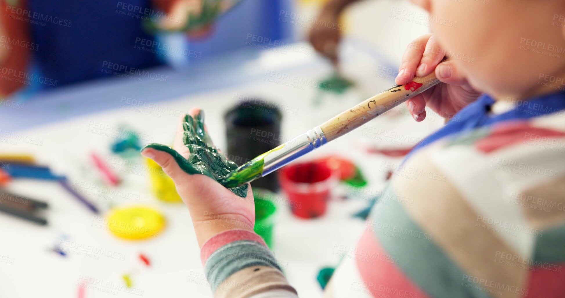 Buy stock photo School, painting hands and children in classroom for creative lesson, education and development. Kindergarten, students and kids learning with colors for fun activity, art project and motor skills