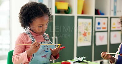 Buy stock photo Hands, girl or students in classroom, painting or creative lesson with artwork project, canvas or education. Kids, learning academy or activity with mobility, child development or brush in school