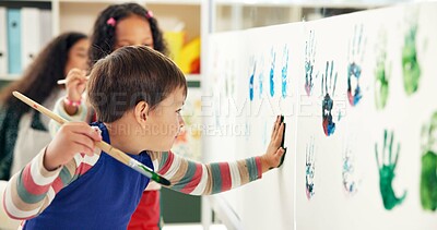 Buy stock photo School, painting hands and children with paper for creative lesson, education and development. Kindergarten, classroom and kids learning with colors for fun activity, art project and motor skills