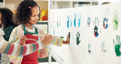 Buy stock photo School, painting and children with handprint on paper for creative lesson, education and development. Classroom, students and kids with colors for fun activity, artistic project and motor skills