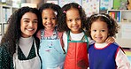 Happy children, portrait and teacher with hug at kindergarten school for elementary education. Group, educator or kids with smile for fun learning, creativity or childhood development in classroom