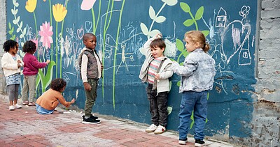 Buy stock photo Kindergarten, children and drawing with chalk on mural wall for fun outdoor activity on playground. Kids, group or creative youth with art for childhood development or growth at elementary school