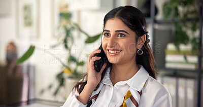 Buy stock photo Happy woman, business discussion and phone call with conversation for communication at office. Female person, receptionist or administrator talking with smile on mobile smartphone for secretary help