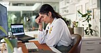 Office, stress and woman with headache, thinking and anxious for mistake on project, tech and pain. Contemplating, sales manager and person with migraine in business, laptop and employee with burnout