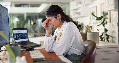 Buy stock photo Office, stress and woman with headache, thinking and anxious for mistake on project, tech and pain. Contemplating, sales manager and person with migraine in business, laptop and employee with burnout