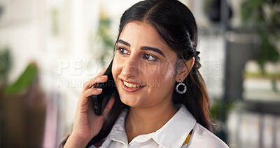 Buy stock photo Happy woman, secretary and phone call with conversation for business communication at office. Female person, receptionist or administrator talking with smile on mobile smartphone for chat or advice