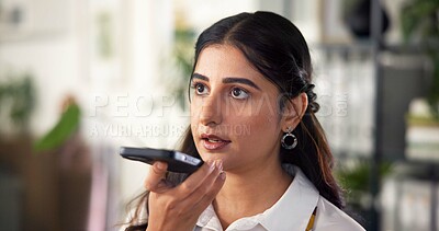 Buy stock photo Business woman, secretary and phone speaker with conversation for communication at office. Female person, receptionist or administrator talking with mobile smartphone for voice note or audio message