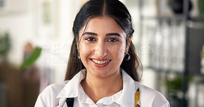Buy stock photo Office, businesswoman and portrait with smile for ambition, career opportunity and positive secretary. Workplace, female person and receptionist with confidence for about us, company growth and happy