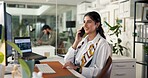 Happy woman, administration or discussion with phone call for customer service, support or help at office. Female person, receptionist or secretary talking with smile on mobile smartphone for chat