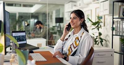 Buy stock photo Happy woman, administration or discussion with phone call for customer service, support or help at office. Female person, receptionist or secretary talking with smile on mobile smartphone for chat