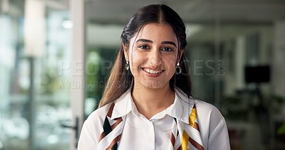 Buy stock photo Office, Indian woman and portrait with smile for ambition, career opportunity and positive secretary. Workplace, business person and receptionist with confidence for about us, company growth or happy
