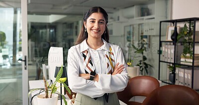 Buy stock photo Happy, business woman and portrait with confidence for administration or secretary service at office. Face, female person or employee with smile or arms crossed for startup, job pride or proud career