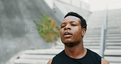 Buy stock photo Fitness, tired and black man with wellness, outdoor and training with exercise, rest and exhausted. African person, athlete and runner with fatigue, challenge and relax with break in New York city