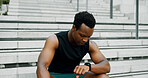 Runner, steps and smart watch with black man in city for fitness app, tracking progress and heart rate. Wellness, training and speed challenge with person and time for exercise, sports and cardio