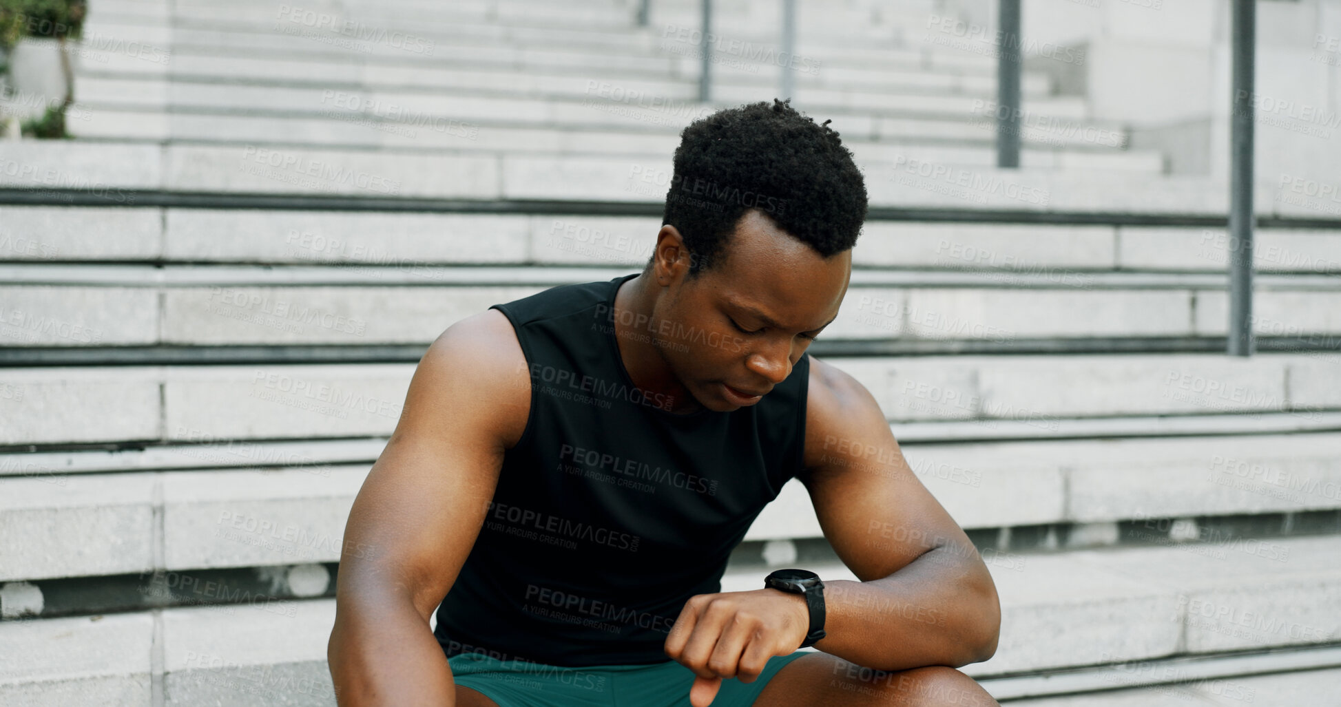 Buy stock photo Runner, steps and smart watch with black man in city for fitness app, tracking progress and heart rate. Wellness, training and speed challenge with person and time for exercise, sports and cardio