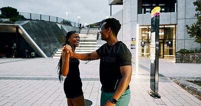 Buy stock photo Black people, laughing and high five in city for exercise, success and happiness for teamwork with training at dusk. Support, workout and funny running partners with fitness goals, urban and evening