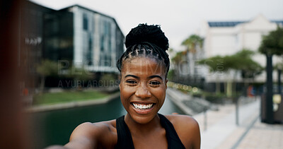 Buy stock photo Black woman, portrait and selfie in city for fitness blog, influencer and happy for exercise memory outdoor. Athlete pride, smile in picture and social media post with content creation in Nigeria