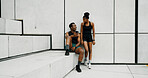 Runner, partner and phone with black couple in city for fitness app, tracking progress and workout plan. Wellness, training and marathon with man and woman outdoors for mobile, sports and team