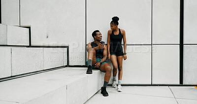 Buy stock photo Runner, partner and phone with black couple in city for fitness app, tracking progress and workout plan. Wellness, training and marathon with man and woman outdoors for stairs, sports break and team
