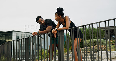 Buy stock photo Runner, partner and rest with black people in city for fitness, personal trainer and workout plan. Wellness, training and marathon with man and woman outdoors for exercise, sports and teamwork