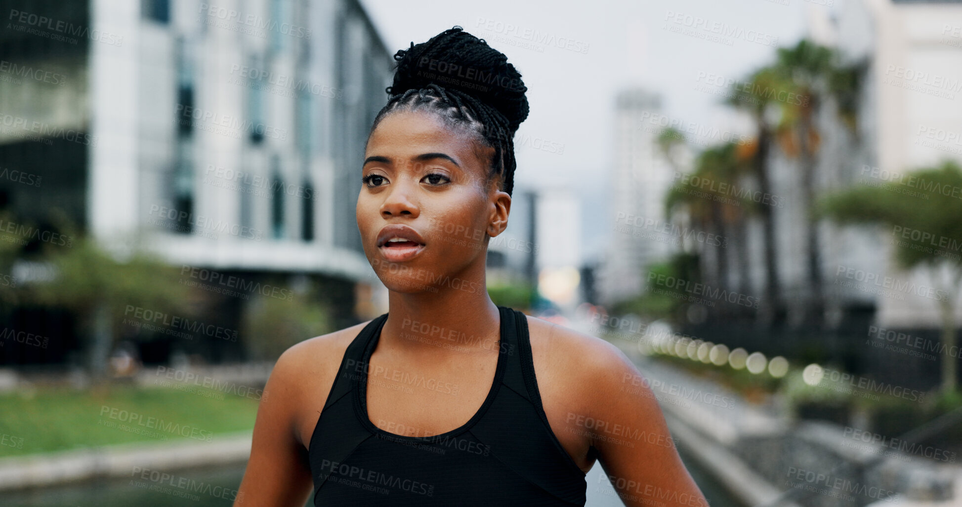 Buy stock photo Training, tired and black woman in city, breathing and wellness with exercise, rest and fitness. African person, athlete and runner with fatigue, challenge and relax with break, outdoor and exhausted