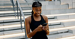 Runner, phone and smile with black woman in city for fitness app, tracking progress and health. Wellness, training and speed challenge with person and mobile for exercise, sports and cardio guide