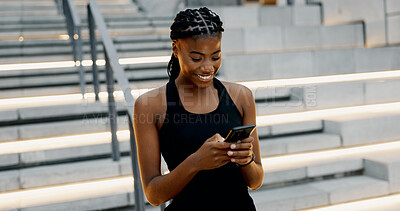 Buy stock photo Runner, phone and smile with black woman in city for fitness app, tracking progress and health. Wellness, training and speed challenge with person and mobile for exercise, sports and cardio guide