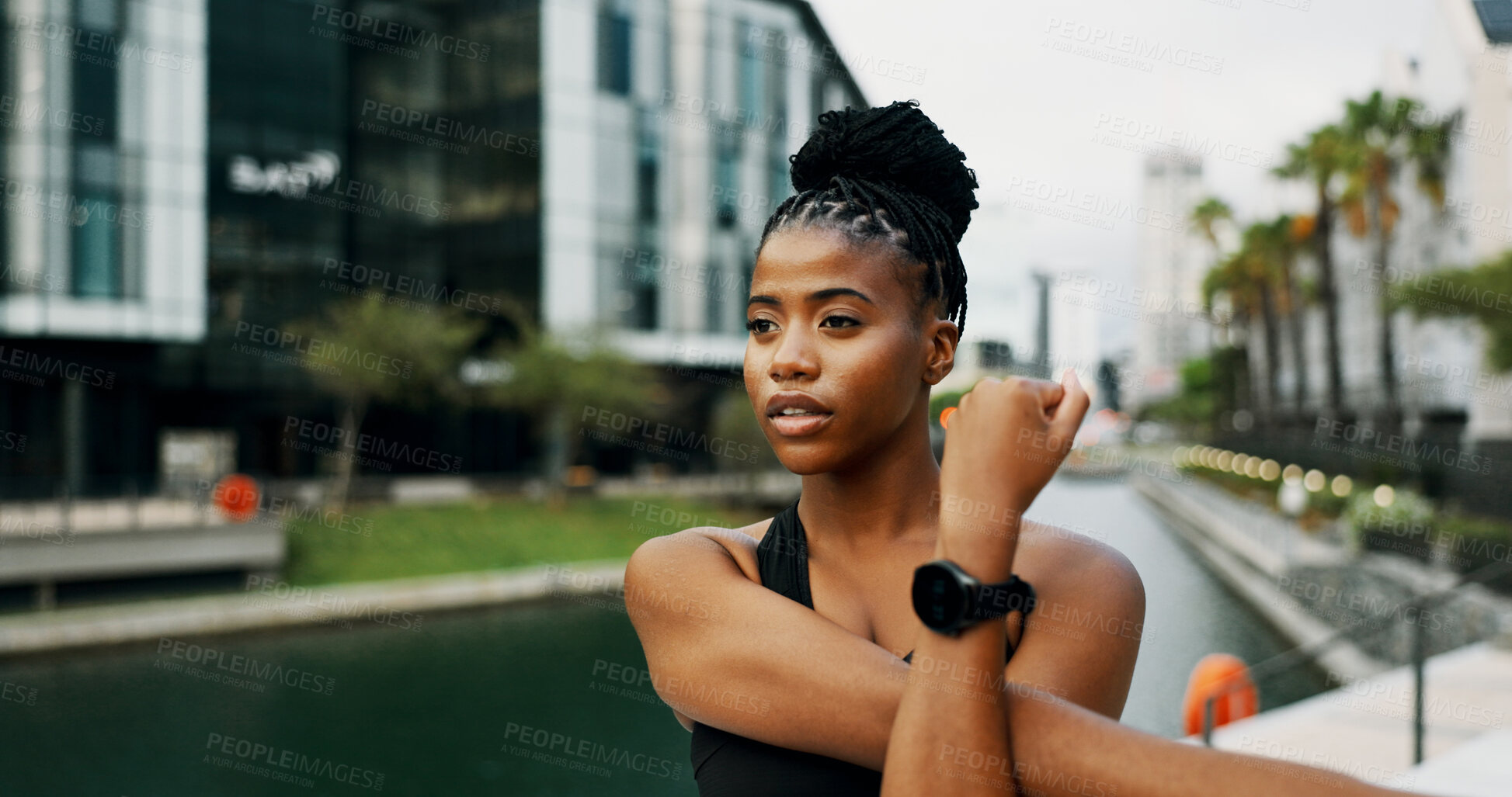 Buy stock photo Black woman, thinking and stretching arms in city for fitness, cardio exercise and warm up outdoor. Sports, athlete and person ready for workout, start with ideas for physical activity and urban