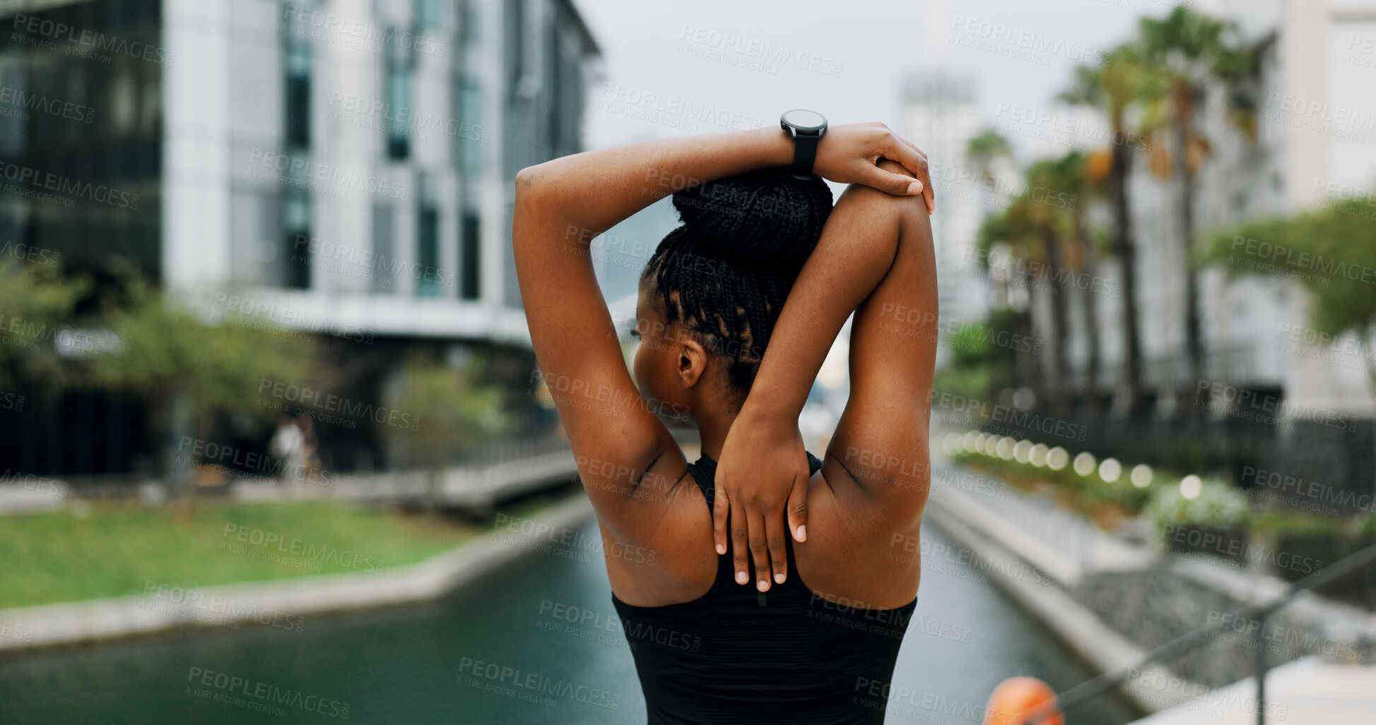 Buy stock photo Woman, back and stretching arms in city for fitness, run or cardio exercise with warm up outdoor. Sports, athlete and female person ready for workout, start physical activity and training in town