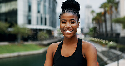 Buy stock photo Black woman, portrait and smile in city for fitness, health and confident athlete with pride, ambition and outdoor sports. African female person, urban and exercise in town with happiness in Tanzania