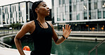 Running, speed and health with black woman in city for training, marathon and challenge. Cardio performance, workout and wellness with person outdoors for sports athlete, fitness and exercise