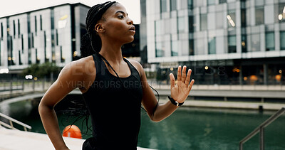 Buy stock photo Running, speed and health with black woman in city for training, marathon and challenge. Cardio performance, workout and wellness with person outdoors for sports athlete, fitness and exercise