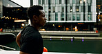 Running, speed and health with black man in city for training, marathon and challenge. Cardio performance, workout and wellness with male person outdoors for sports athlete, fitness and exercise