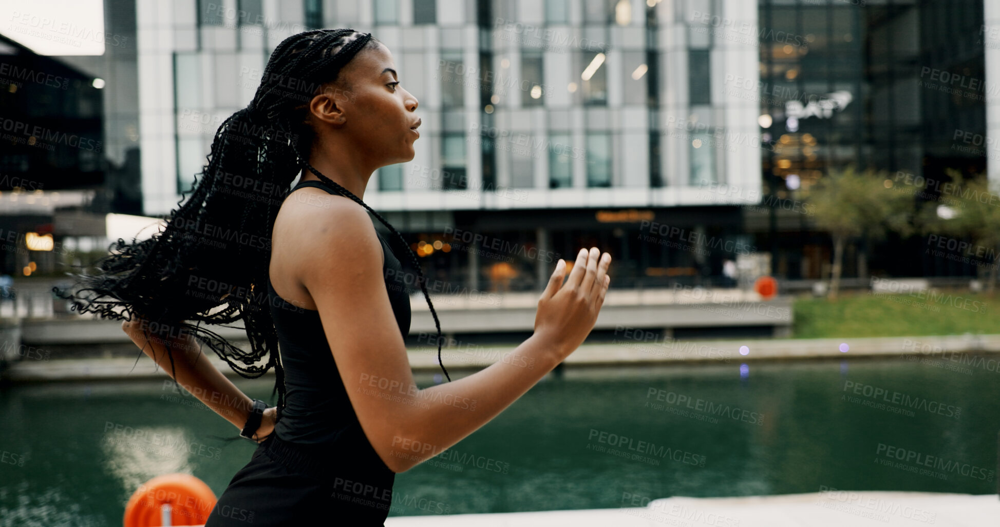 Buy stock photo Black woman, running and exercise in city for health, breathing and wellness with athlete training outdoor. Female person, cardio workout and fitness with sports, self care and runner in urban town