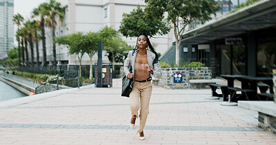 Buy stock photo Woman, city and running with late for job, rush or commute fail with speed to business office. Schedule, time management and fast journey to workplace, African female person outdoor and morning delay