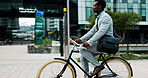 Cycling, commute and business with black man in city for carbon footprint, travel and professional. Sustainability, bicycle and health with person downtown for eco friendly transport and wellness