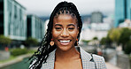 Smile, portrait and business with black woman in city for property developer, confidence and professional. Happiness, real estate agent and commute with person outdoors for career, pride and urban