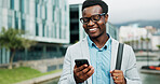 Happy, phone and African businessman in city online for morning commute, travel and journey to office. Nigeria, corporate and person on smartphone for networking, connection and internet in town