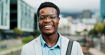 Buy stock photo Glasses, portrait and business with black man in city for property developer, confidence and professional. Happiness, real estate agent and commute with person outdoors for career, pride and urban