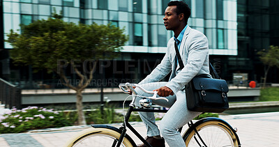 Buy stock photo Cycling, travel and business with black man in city for carbon footprint, commute and professional. Sustainability, bicycle and health with person downtown for eco friendly transport and wellness
