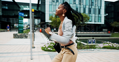Buy stock photo Black woman, city and running late for work, rush or commute fail with speed to business office. Schedule, time management and fast journey to workplace, female person outdoor and morning delay