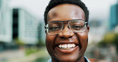 Buy stock photo Smile, portrait and business with black man in city for property developer, confidence and professional. Happiness, real estate agent and face with person outdoors for career, pride and urban