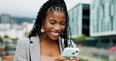 Buy stock photo Black woman, city and excited with smartphone for online giveaway, winning or social media promotion. Bonus, reward or good news in email, female person and happiness outdoor for feedback on app
