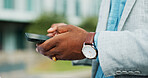 Hands, phone and business man in city online for morning commute, travel and journey to office. Professional, corporate and person on smartphone for networking, typing email and internet in town